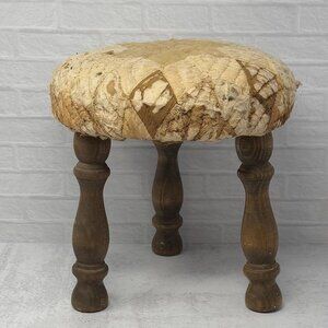 Antique Vintage Three Leg Legged Stool with Shabby Quilt Quilted Top
